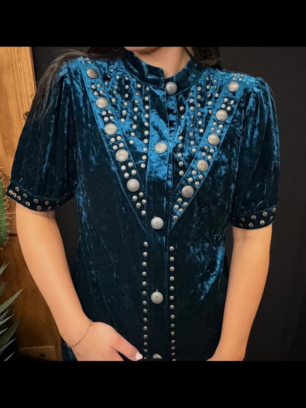 Embellished Velvet Button-Down Concho Top in Deep Teal